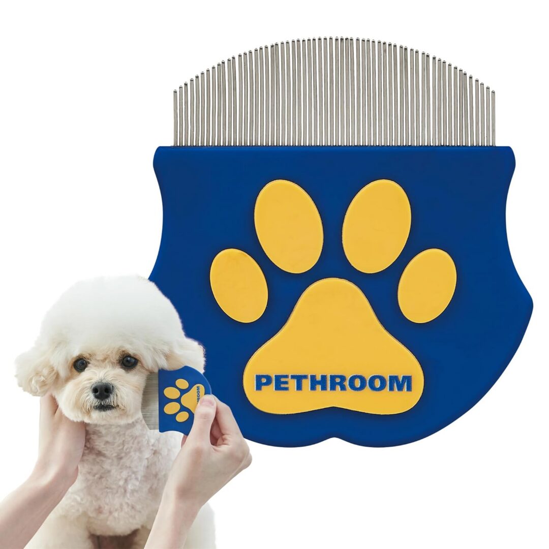 Dog with grooming comb and paw design.