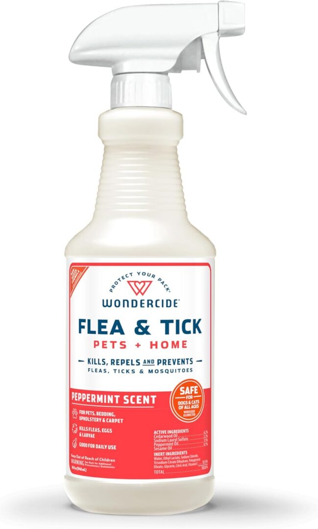 Flea and tick spray bottle, peppermint scent.