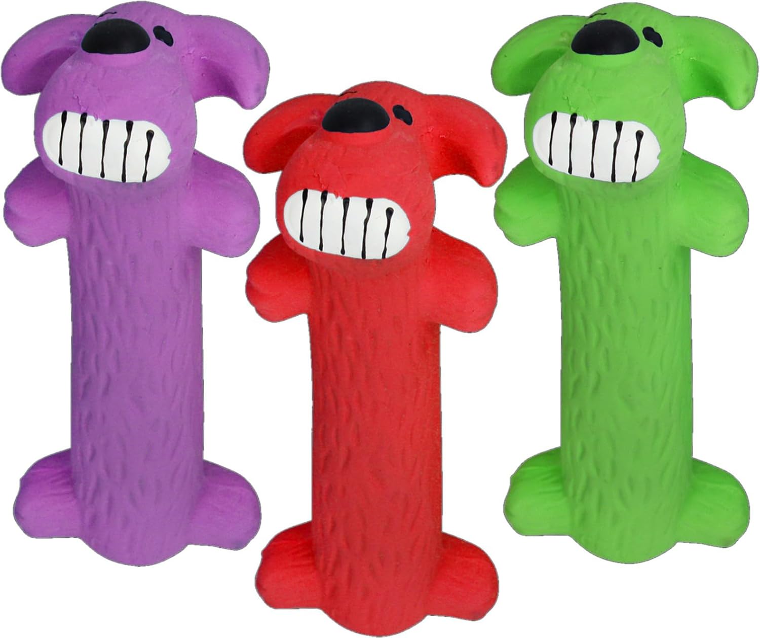 Colorful cartoon dog toys with big grins.