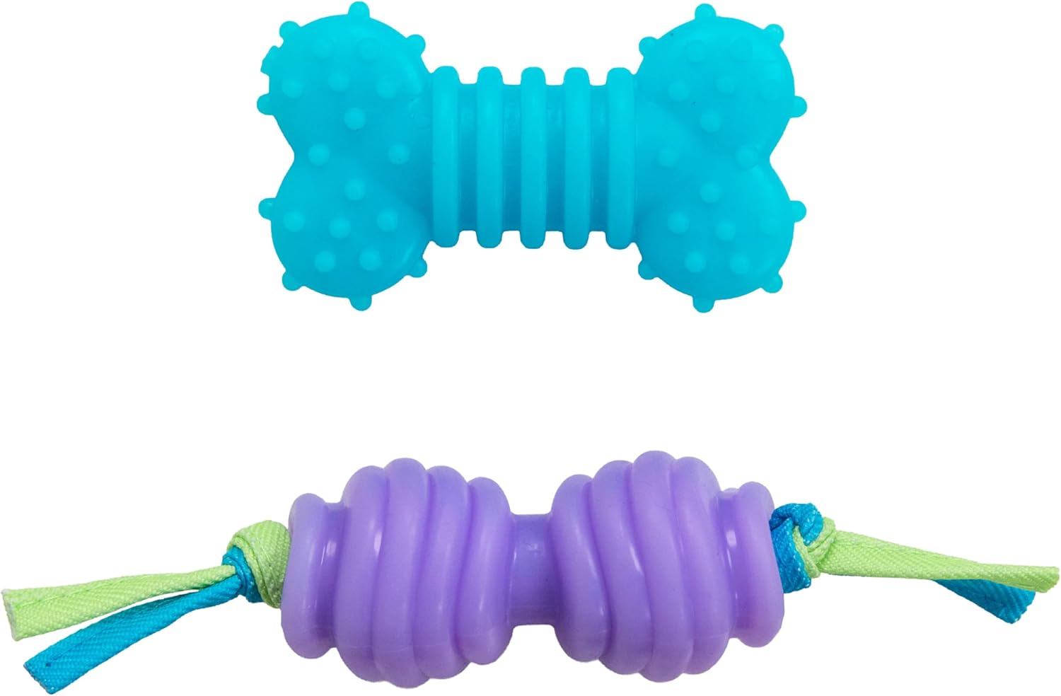 Blue and purple dog chew toys.