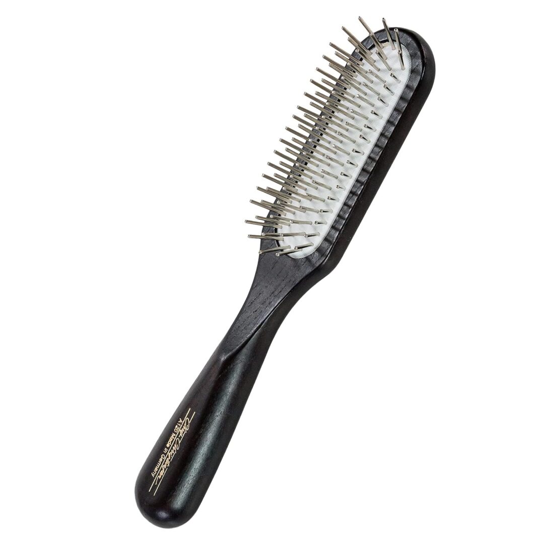 Black hairbrush with metal bristles.