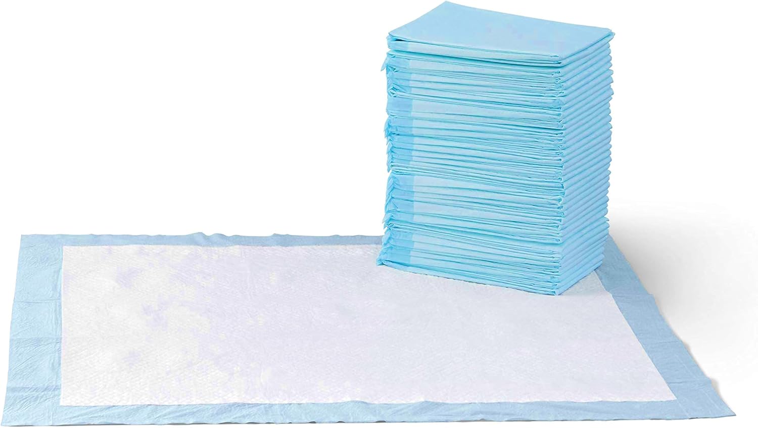 Stack and single blue puppy training pads.