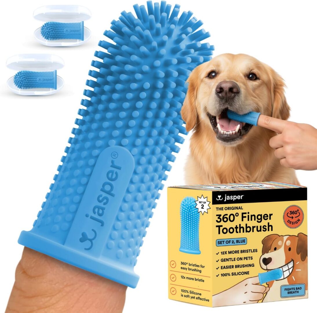 Blue finger toothbrush for dogs, packaging shown.