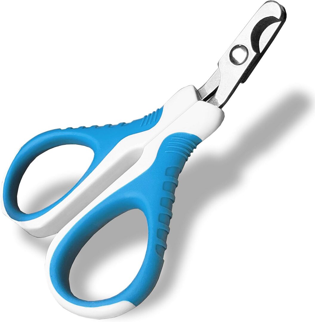 Blue and white pet nail clippers.