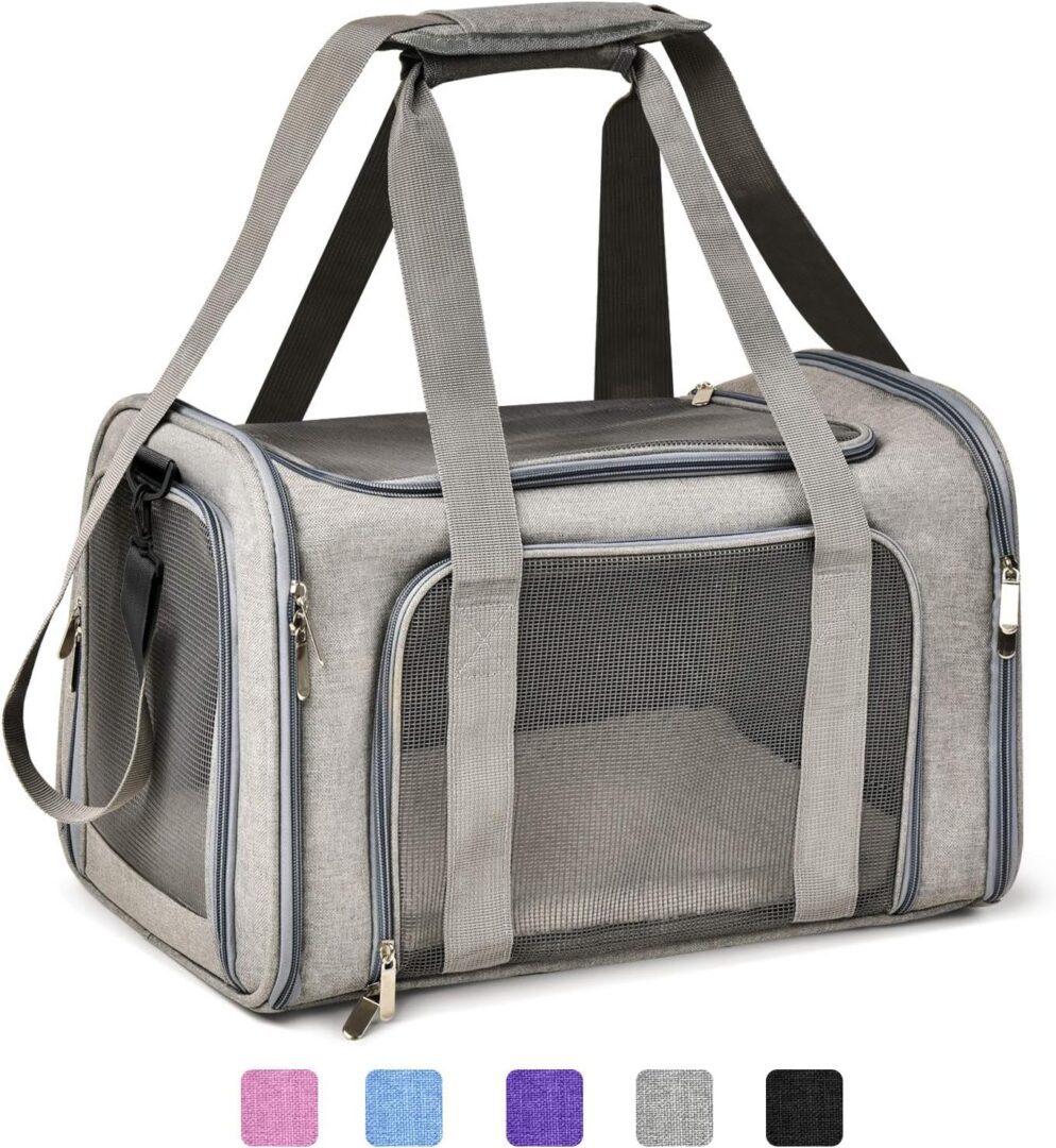 Gray pet carrier bag with mesh sides.