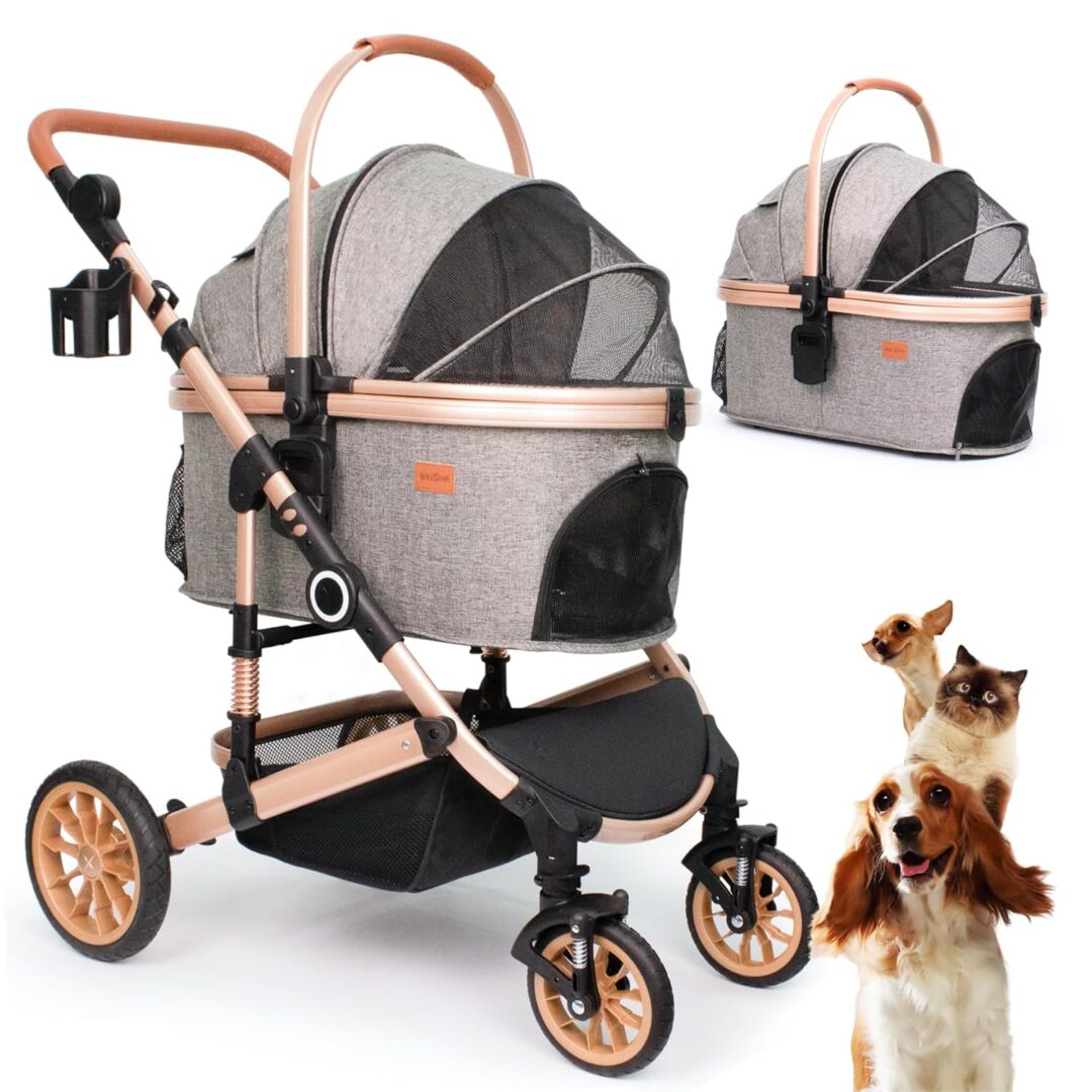 Pet stroller and three animals beside it.