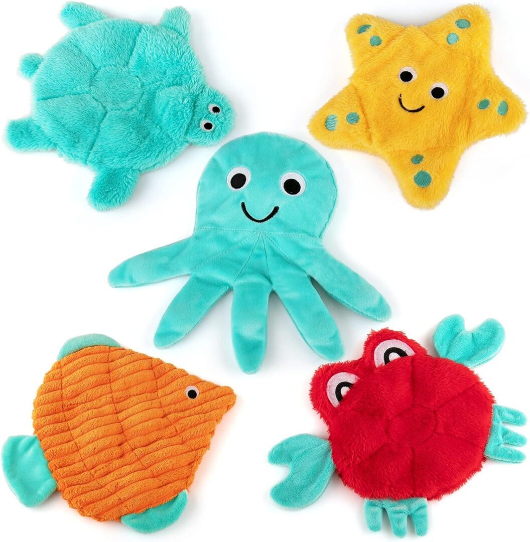 Colorful plush sea creatures with smiling faces.