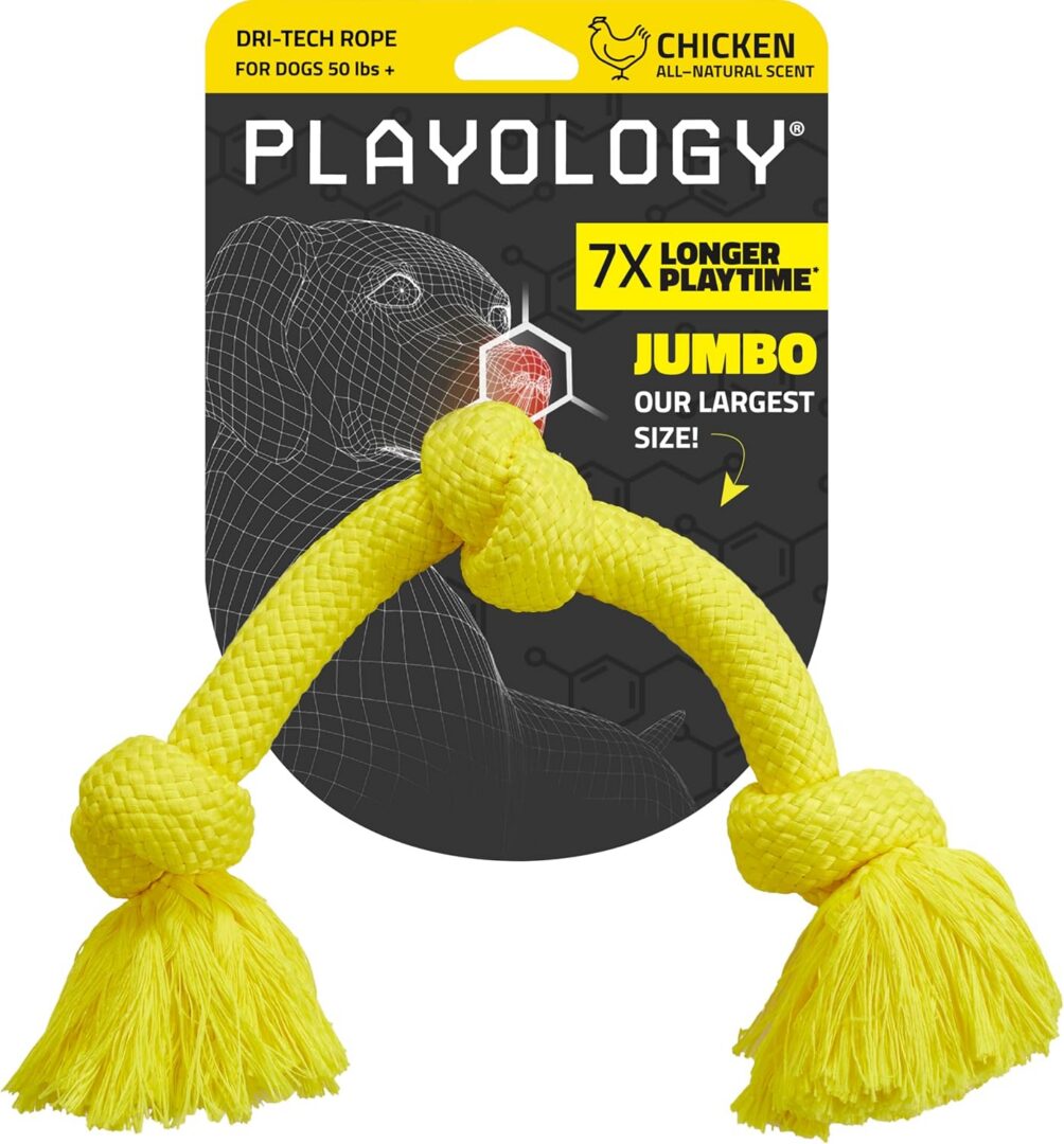 Yellow jumbo dog rope toy packaging.