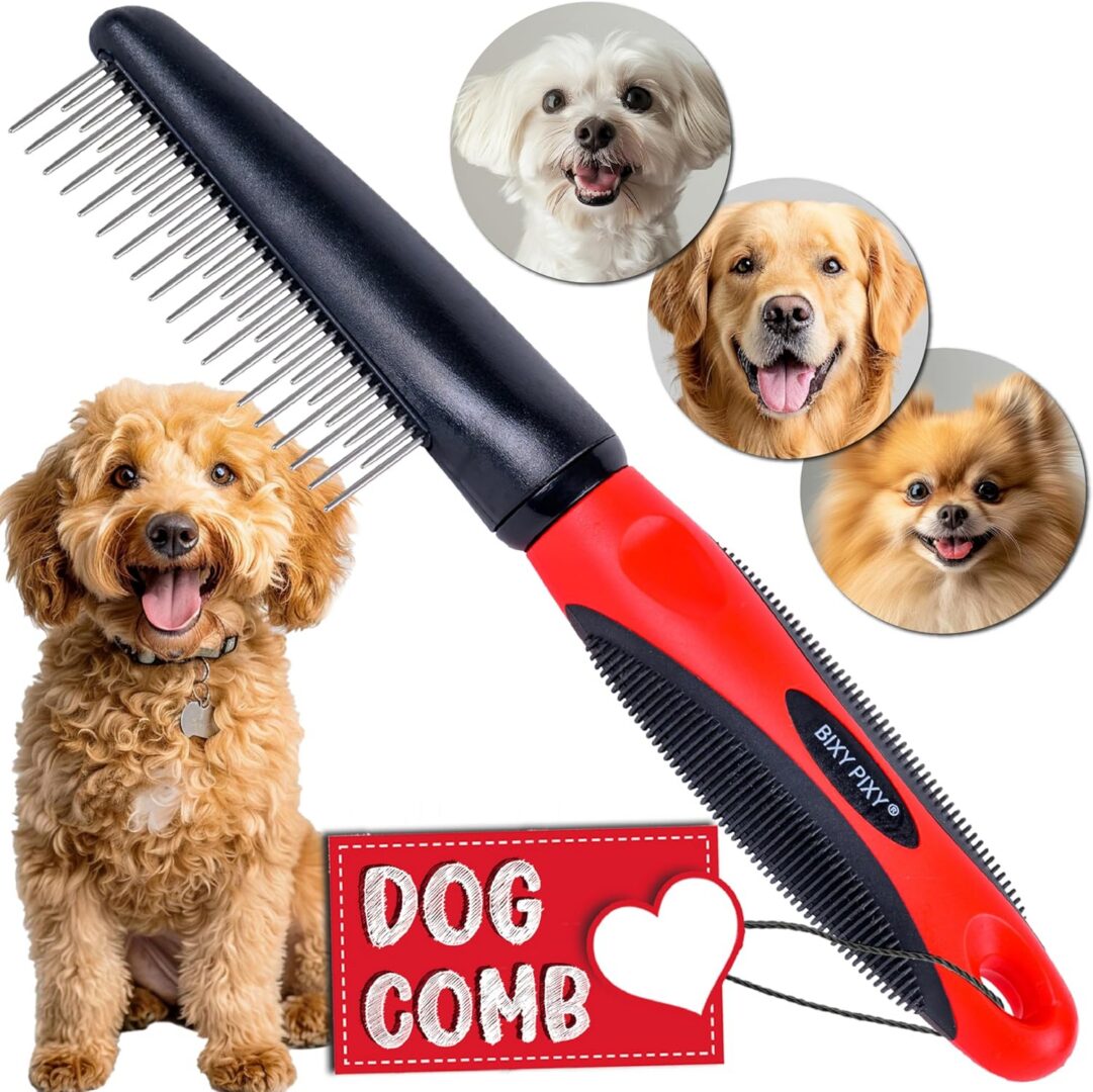 Dog grooming comb with happy dogs.