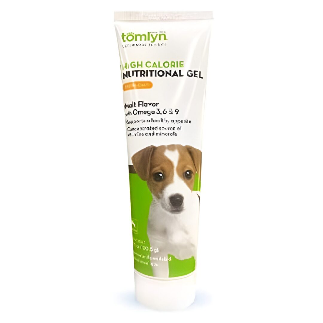Dog nutritional gel tube with puppy image.