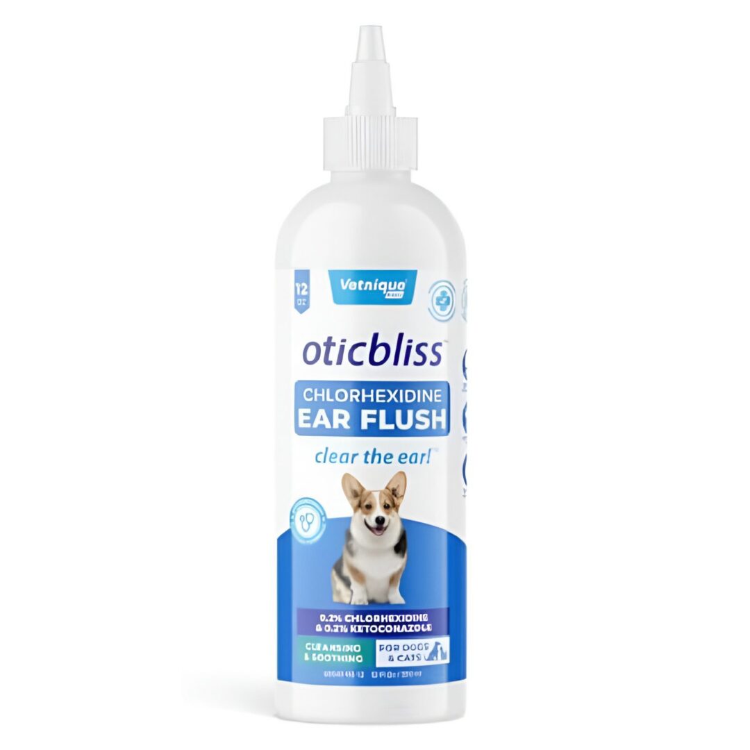Ear flush bottle with pet illustration.
