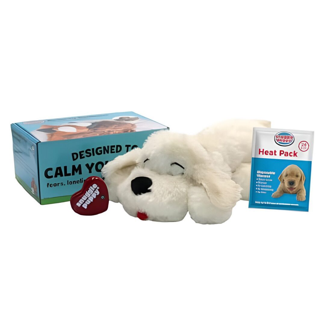 Plush dog toy with calming heat pack.