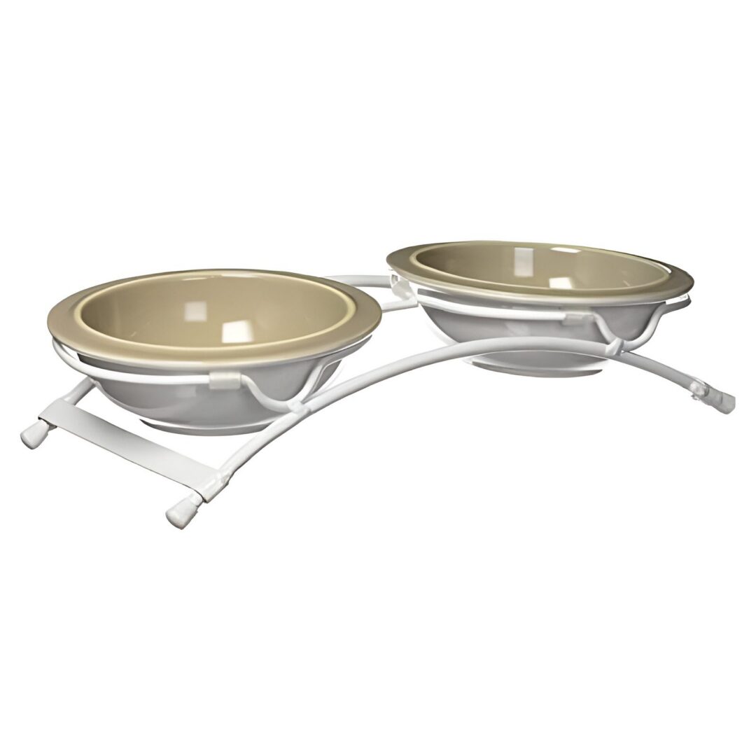 Dual pet bowls on metal stand.