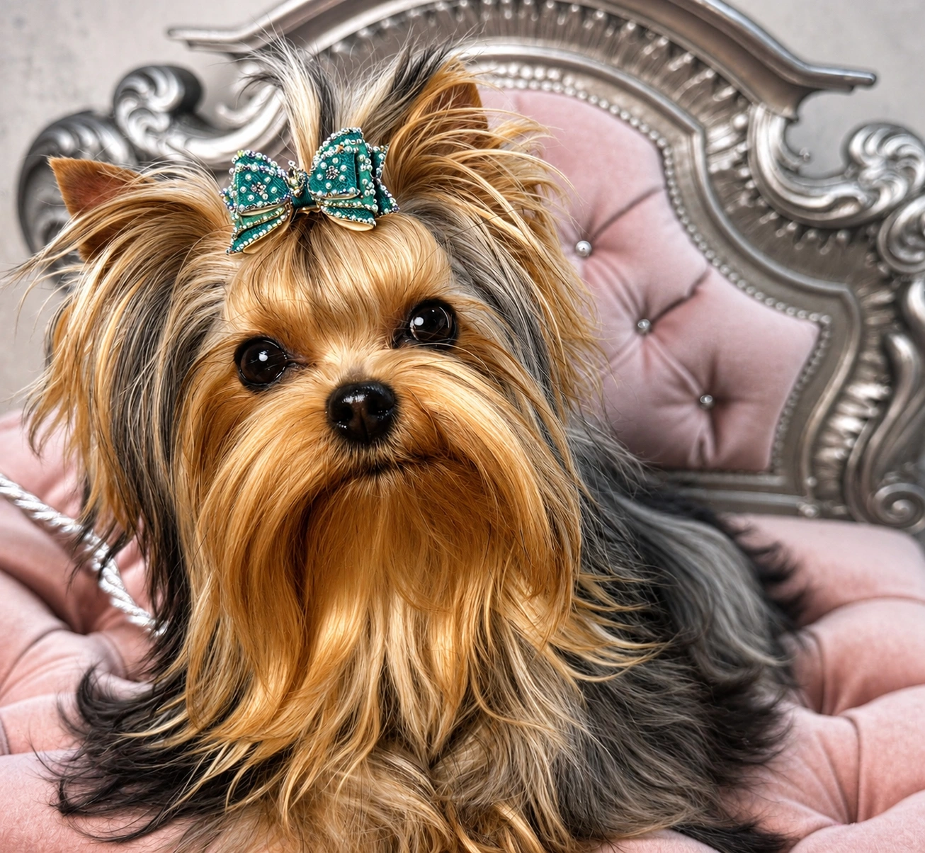 Yorkshire Terrier with bow on elegant chair.