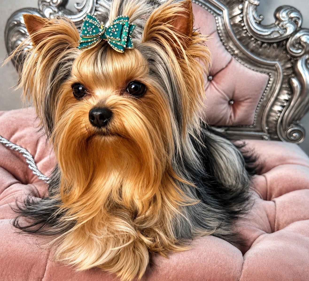 Yorkshire Terrier with bow on pink chair.