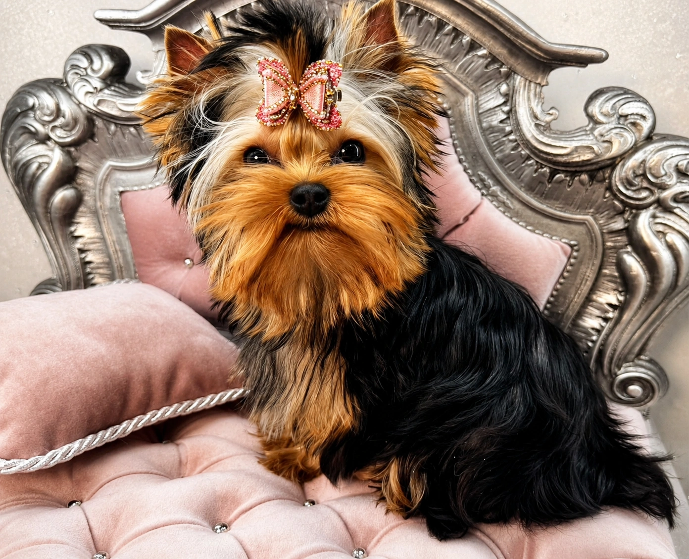 Yorkshire Terrier on a plush pink chair.