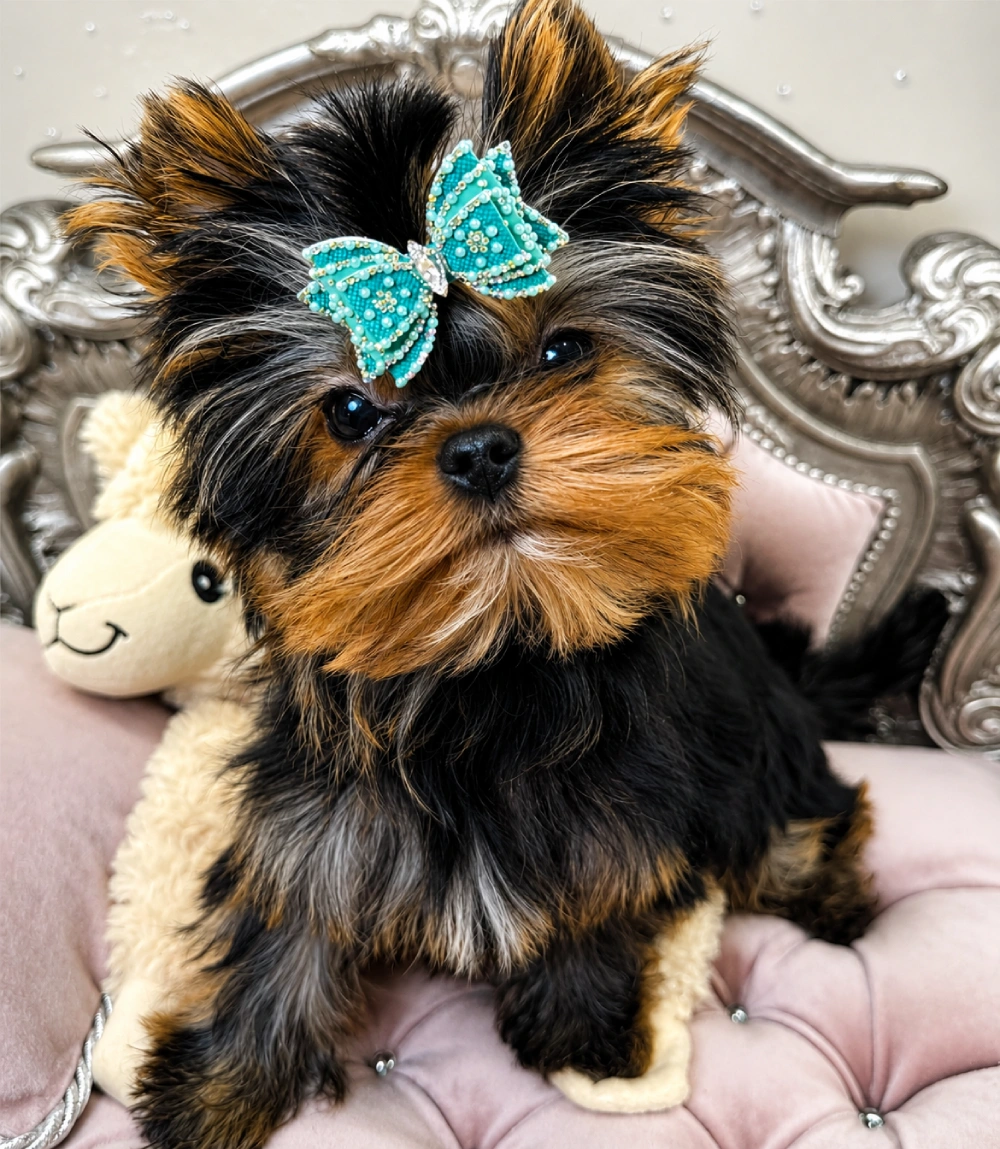 Yorkie with blue bow and plush toy.